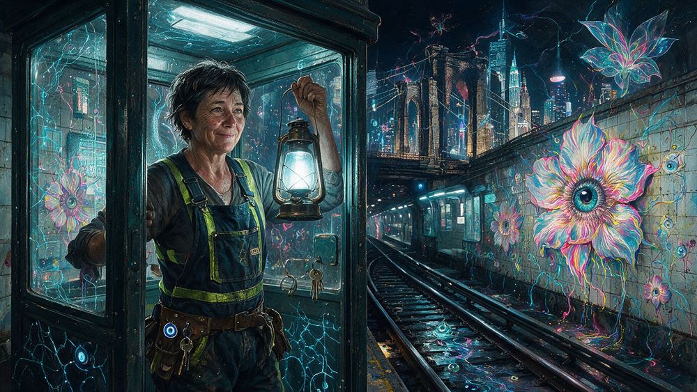 Peg Marchetti, a subway track worker in a tunnel with a lantern