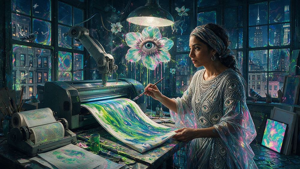 Zainab Bhandari, a woman who prints machine output on canvas and paints back into it