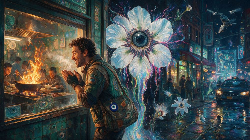 Fadi Ozturk, a delivery rider warming his hands at a lit window