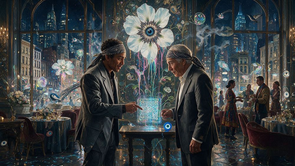 Ismael Nunez-Paz, a man explaining a QR code to a collector twice his age
