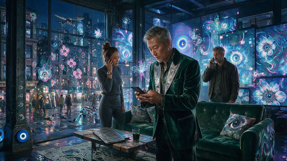 Yun Lim, a man who hangs his collection on screens so anyone in the room can see it