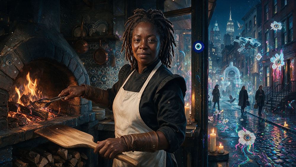 Abena Bah, a chef in a candlelit room who makes eighty pies a night and no more