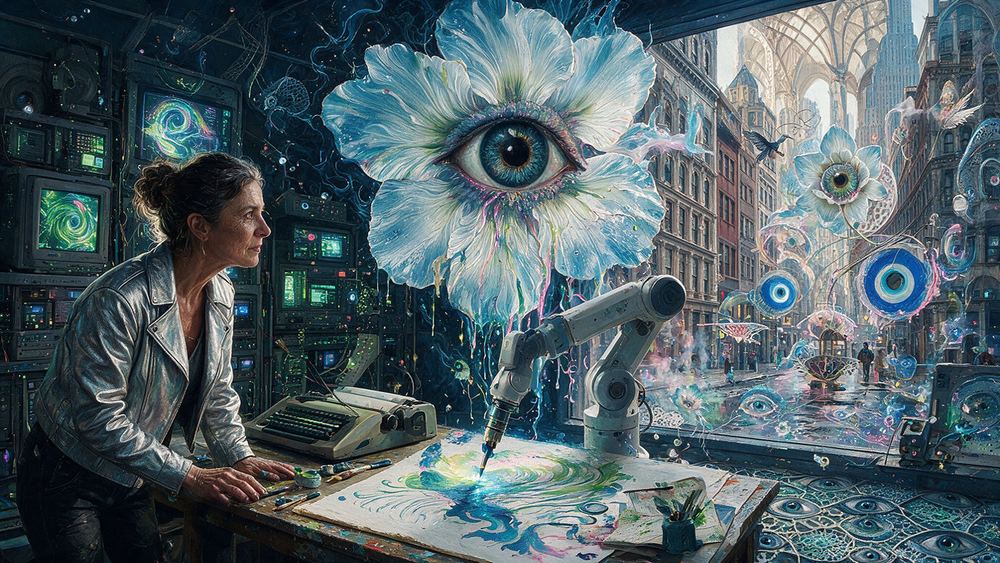 Bernadette Belsky, a woman who prints machine output on canvas and paints back into it